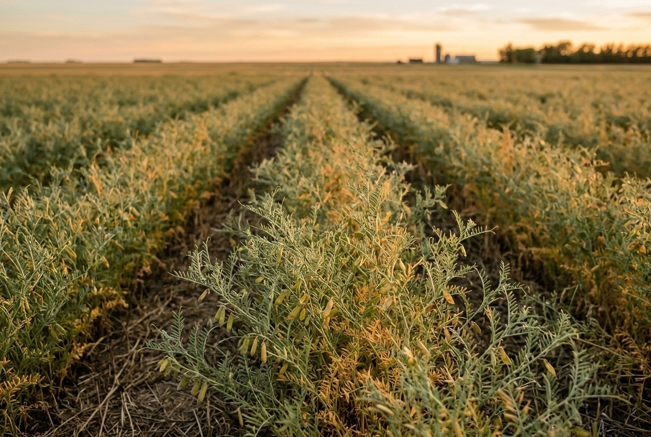 Rows of a ripening green lentil crop on the Canadian prairie at golden hour