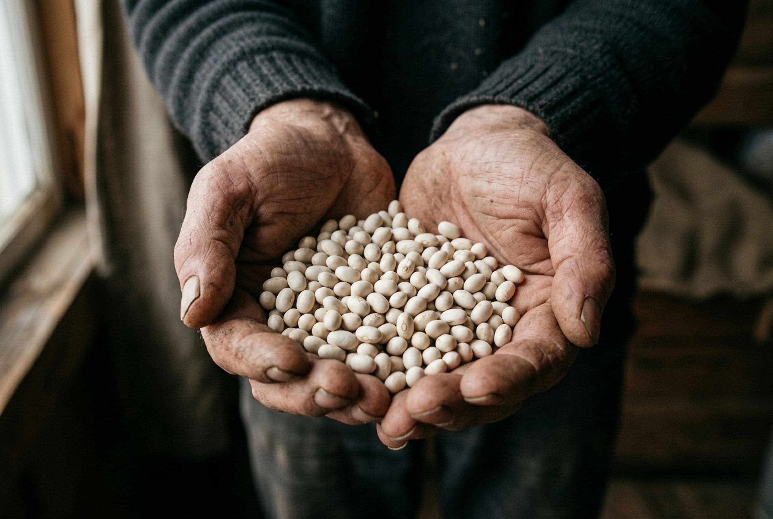 Weathered hands cupping a mound of small ivory-white navy beans