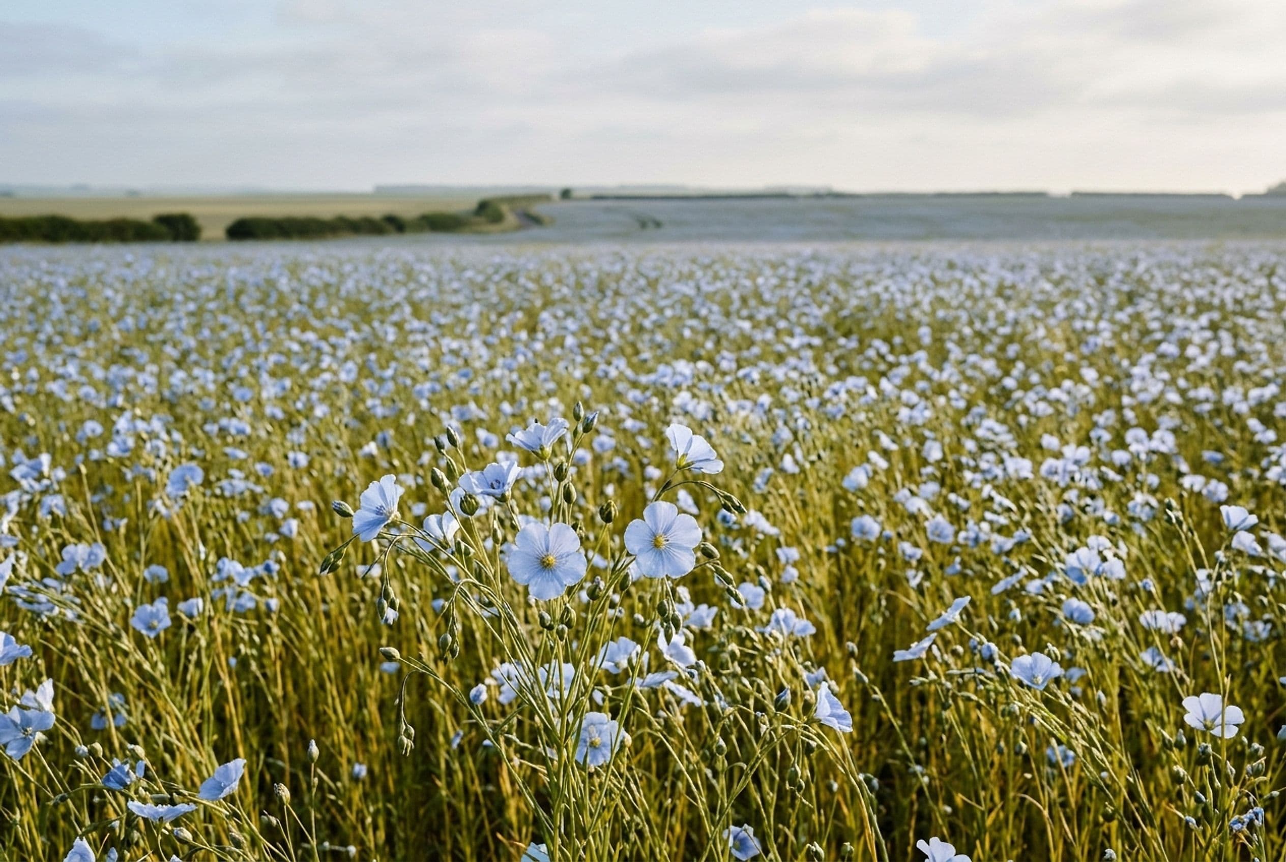 A flax field in full bloom, pale blue flowers stretching to the horizon